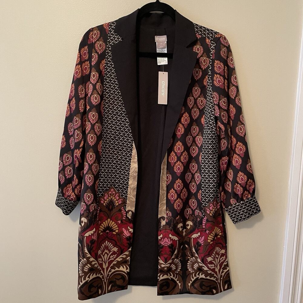 Chico’s Damask Print Open Front Jacket Kimono Duster Size 0 Petite Boho